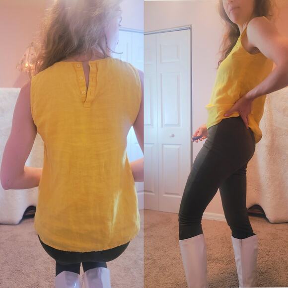 Linen Canary Yellow Tank with Detailed Collard Stitch - Picture 3 of 6